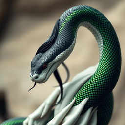 A regal and elegant snake woman exuding grace and determination, featuring soft pale white skin beautifully dotted with an abundance of shadow black and neon green scales