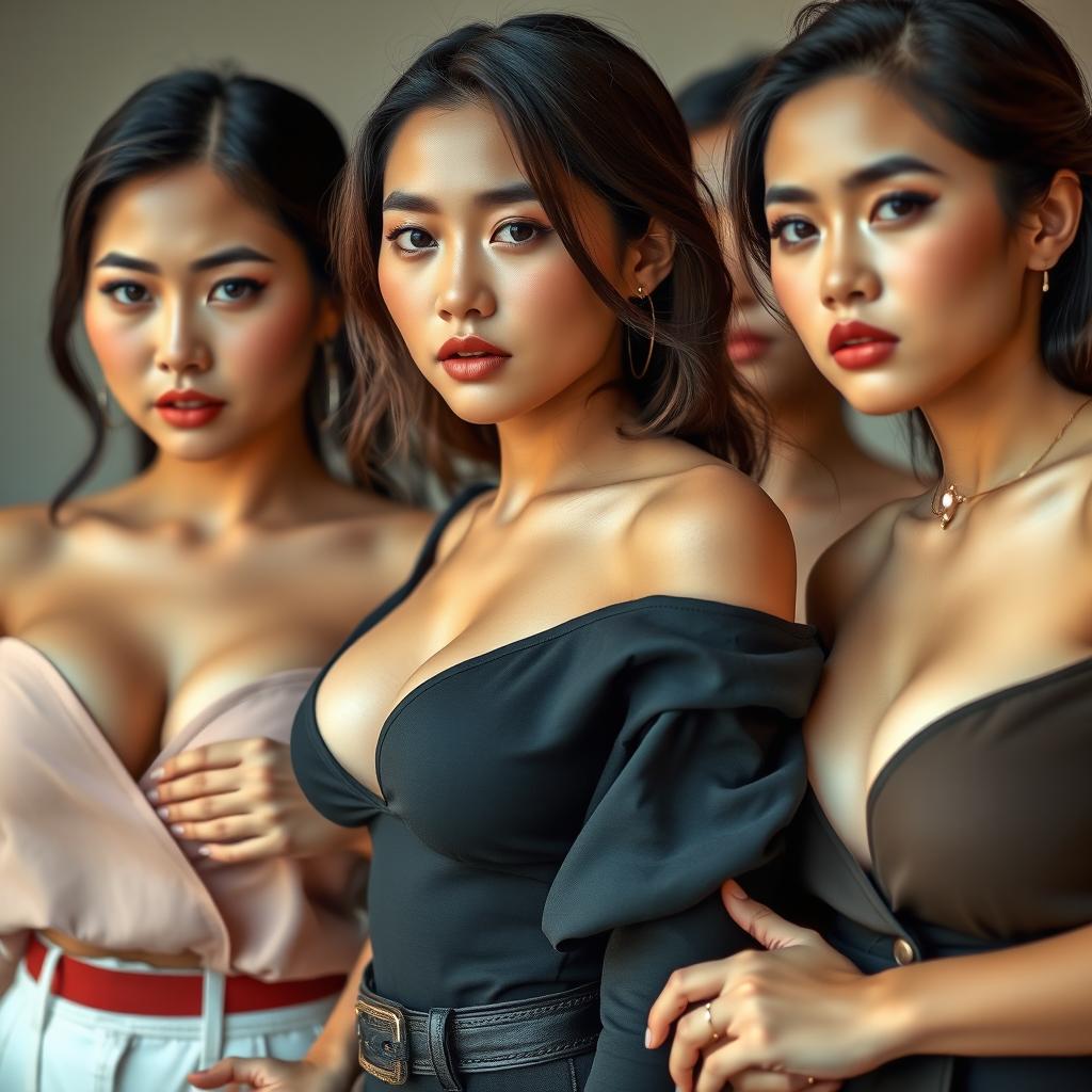 Attractive Indonesian women, each 25 years old, facing the camera in a half-body pose, featuring deep necklines