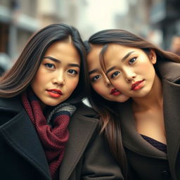 Attractive Indonesian women, each 25 years old, facing the camera in a half-body pose, showcasing deep necklines