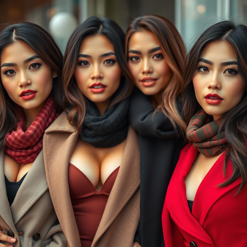 Attractive Indonesian women, each 25 years old, facing the camera in a half-body pose, showcasing deep necklines