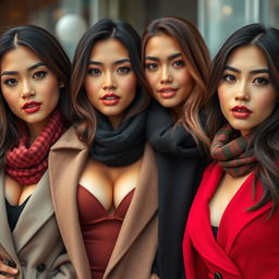 Attractive Indonesian women, each 25 years old, facing the camera in a half-body pose, showcasing deep necklines