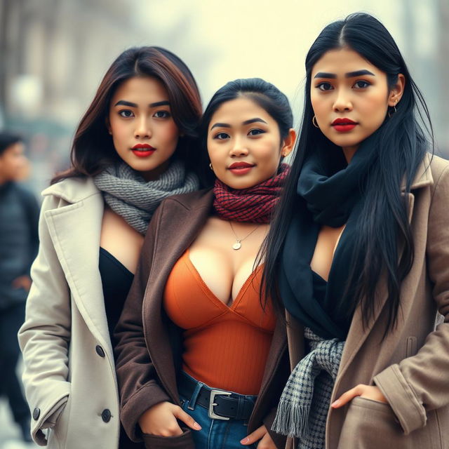 Attractive Indonesian women, each 25 years old, facing the camera in a half-body pose, showcasing deep necklines