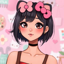 A character inspired by Hello Kitty, featuring a light morena (light brown) complexion, average height, beautiful long eyelashes, short black hair, and ear piercings