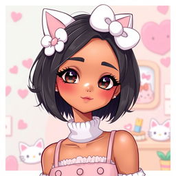 A character inspired by Hello Kitty, featuring a light morena (light brown) complexion, average height, beautiful long eyelashes, short black hair, and ear piercings
