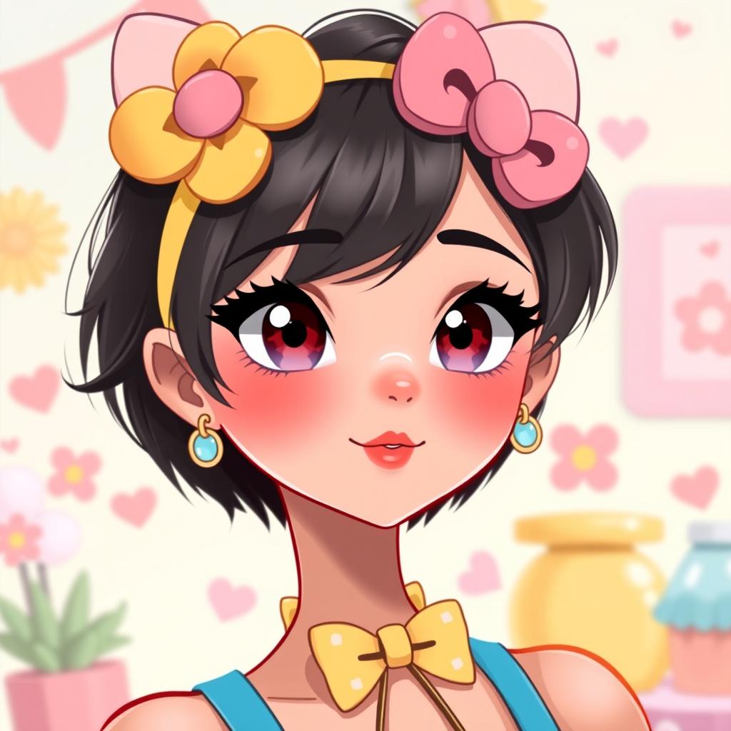 A character inspired by Hello Kitty, featuring a light morena (light brown) complexion, average height, beautiful long eyelashes, short black hair, and ear piercings