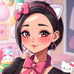 A character inspired by Hello Kitty, featuring a light morena (light brown) complexion, average height, beautiful long eyelashes, short black hair, and ear piercings