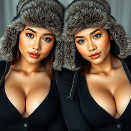 Beautiful Indonesian twin sisters, both 25 years old, showcasing deep necklines while facing the camera