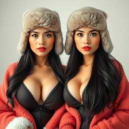 Beautiful Indonesian twin sisters, both 25 years old, showcasing deep necklines while facing the camera