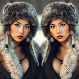 Beautiful Indonesian twin sisters, both 25 years old, showcasing deep necklines while facing the camera