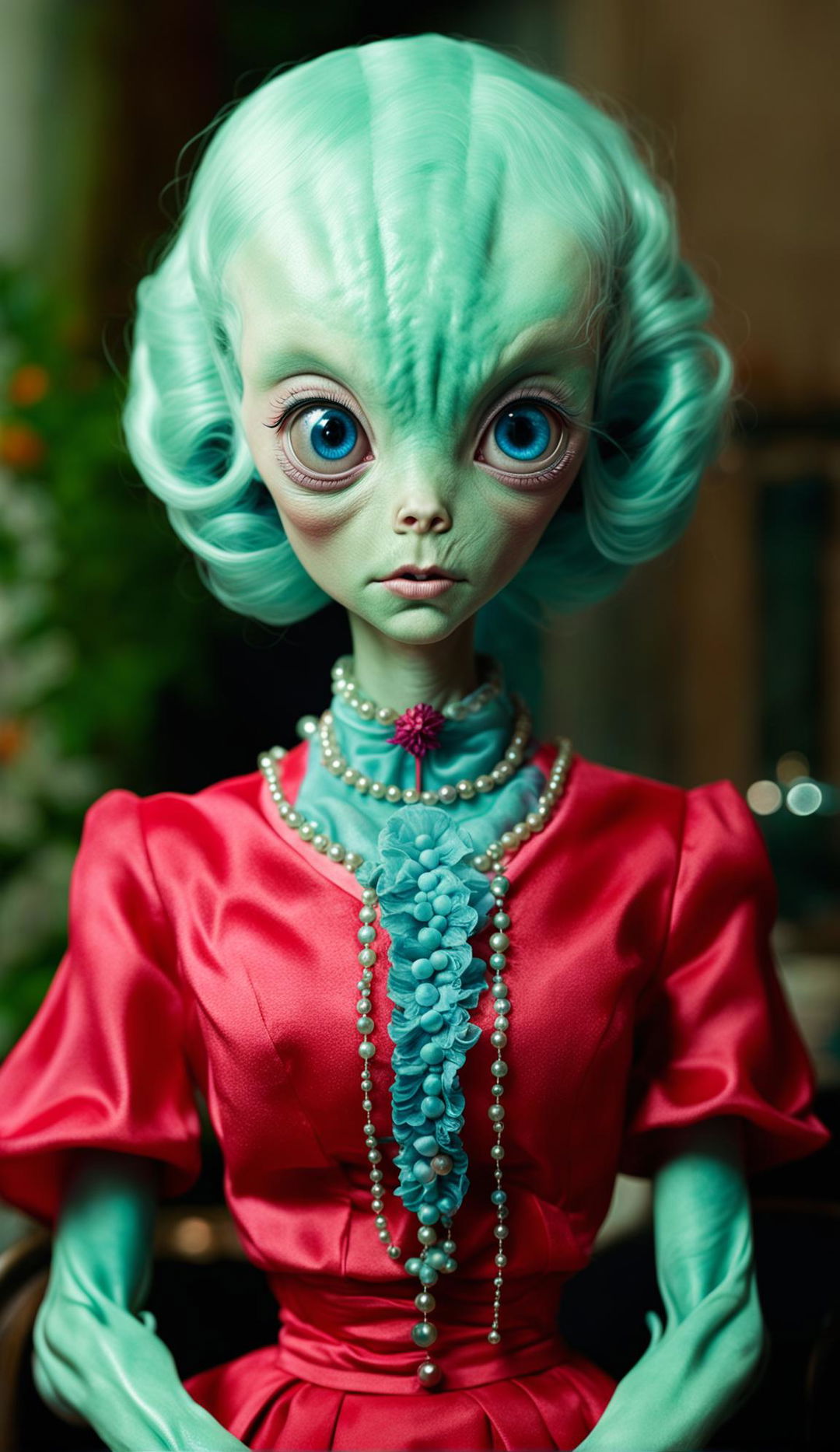 Ultra-detailed image of a cyan-skinned alien with symmetrical features and purple irises, wearing a red 1950s dress and a pink housewife style wig, captured using a Canon EOS 5DS and an 85mm f/1.2 lens.