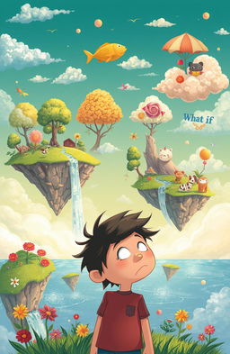 A whimsical and dreamy illustration depicting a surreal landscape where the concept of 'what if' is visually represented