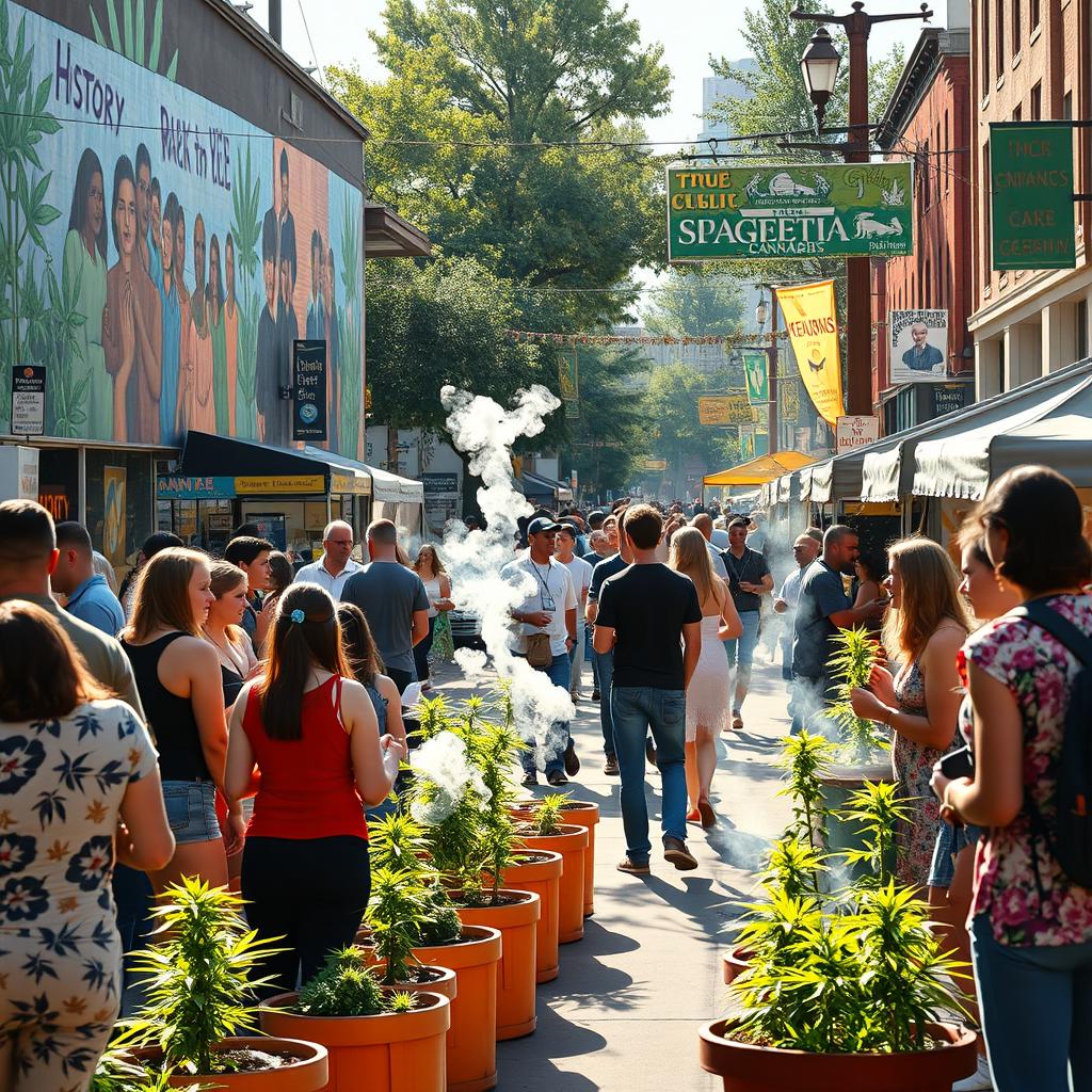 A vibrant community street scene celebrating cannabis culture, featuring a diverse group of people engaged in discussions and sharing experiences