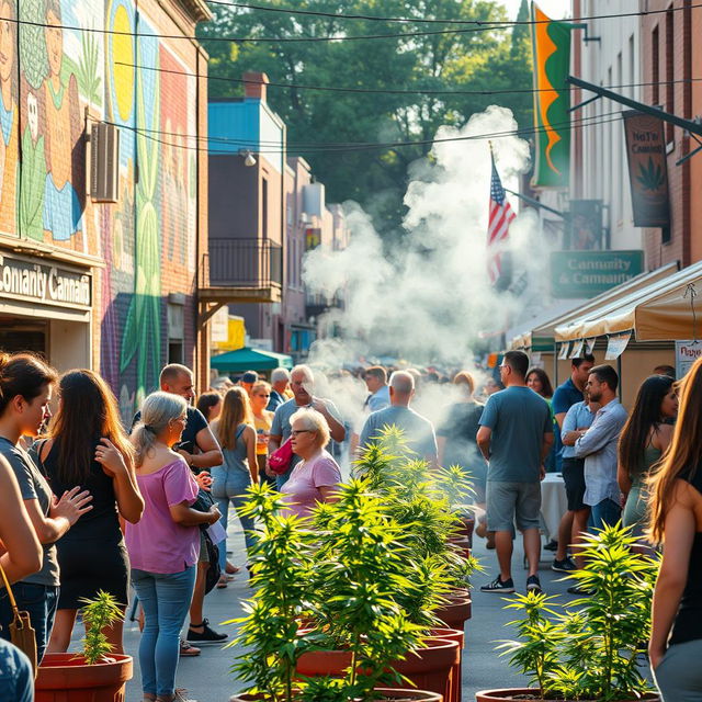 A vibrant community street scene celebrating cannabis culture, featuring a diverse group of people engaged in discussions and sharing experiences