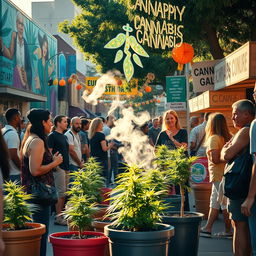 A vibrant community street scene celebrating cannabis culture, featuring a diverse group of people engaged in discussions and sharing experiences