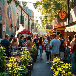 A vibrant community street scene celebrating cannabis culture, featuring a diverse group of people engaged in discussions and sharing experiences