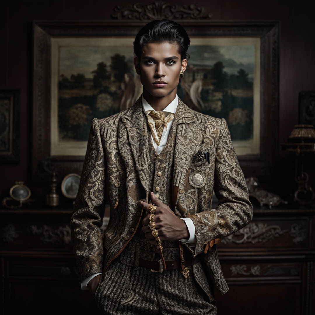 High-resolution photograph of a model in an old money inspired outfit, standing in a grand room filled with antique furniture. The lighting is dramatic yet soft, highlighting the intricate details of the outfit and casting long shadows for depth and intensity.