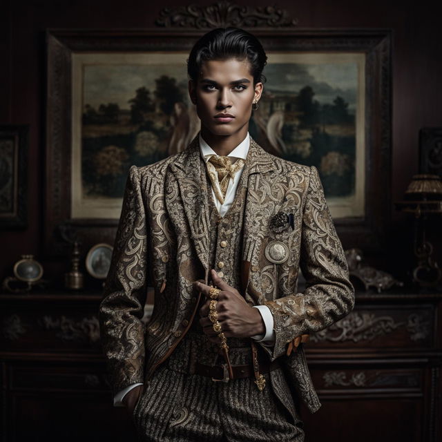 High-resolution photograph of a model in an old money inspired outfit, standing in a grand room filled with antique furniture. The lighting is dramatic yet soft, highlighting the intricate details of the outfit and casting long shadows for depth and intensity.