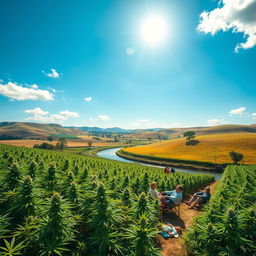 A stunning landscape depicting a vibrant cannabis farm under a clear blue sky, featuring lush green cannabis plants with some in full bloom, surrounded by rolling hills and a serene river flowing nearby