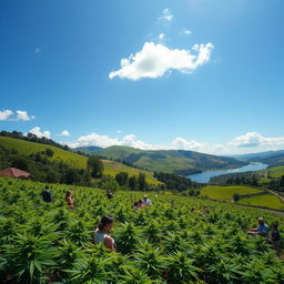 A stunning landscape depicting a vibrant cannabis farm under a clear blue sky, featuring lush green cannabis plants with some in full bloom, surrounded by rolling hills and a serene river flowing nearby