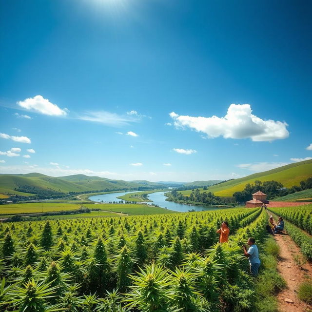 A stunning landscape depicting a vibrant cannabis farm under a clear blue sky, featuring lush green cannabis plants with some in full bloom, surrounded by rolling hills and a serene river flowing nearby