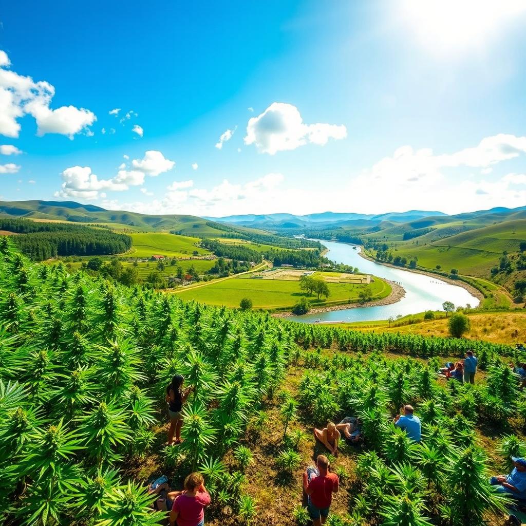 A stunning landscape depicting a vibrant cannabis farm under a clear blue sky, featuring lush green cannabis plants with some in full bloom, surrounded by rolling hills and a serene river flowing nearby