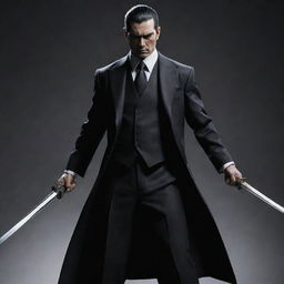 A heroic figure dressed in sleek mafia attire, wielding two sharp samurai swords. His determined gaze and dynamic stance give off a sense of silent power and authority.