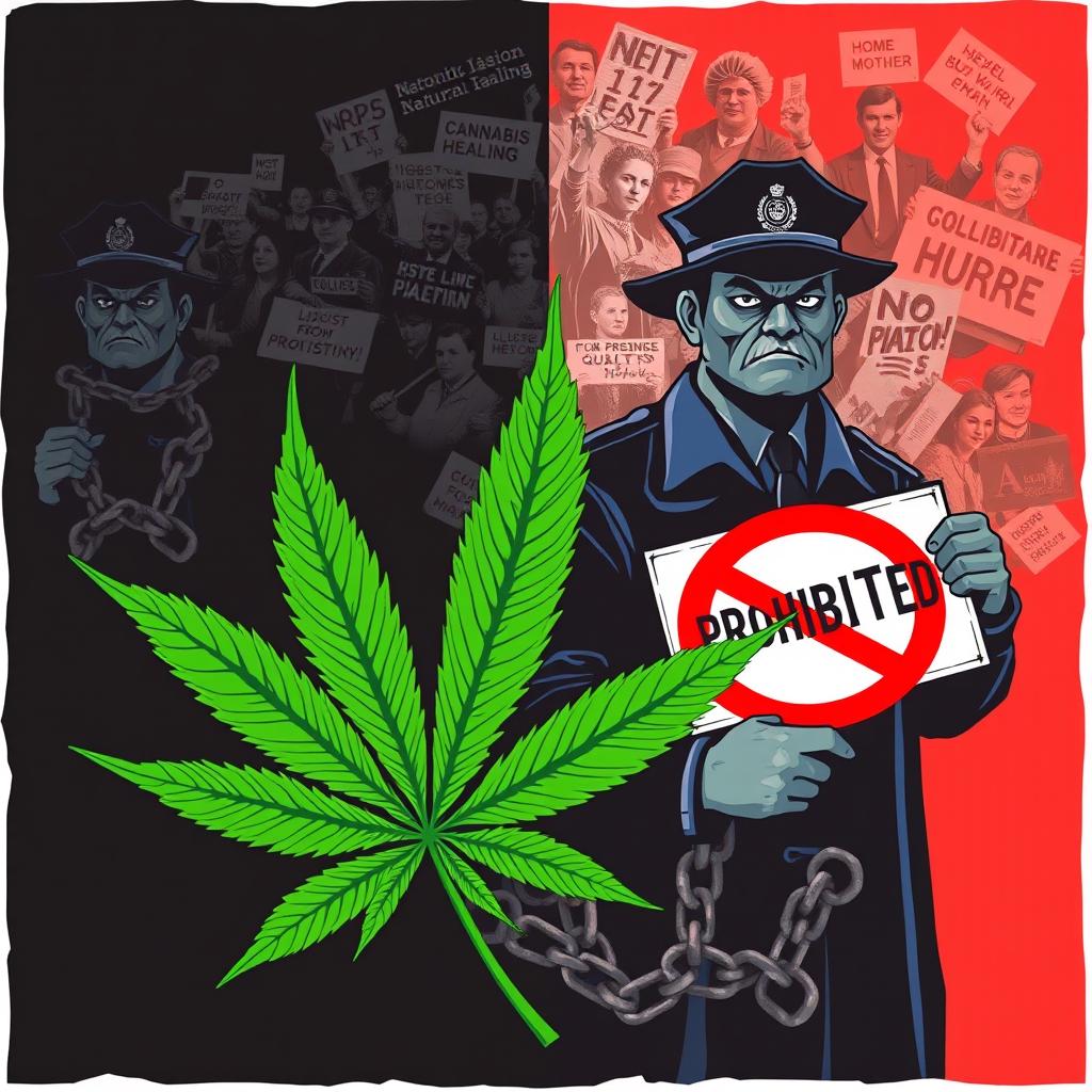 A visually impactful illustration depicting the theme of cannabis prohibition