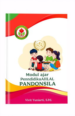 A vibrant and colorful portrait-format cover for a learning module on Pancasila education for elementary school (SD)