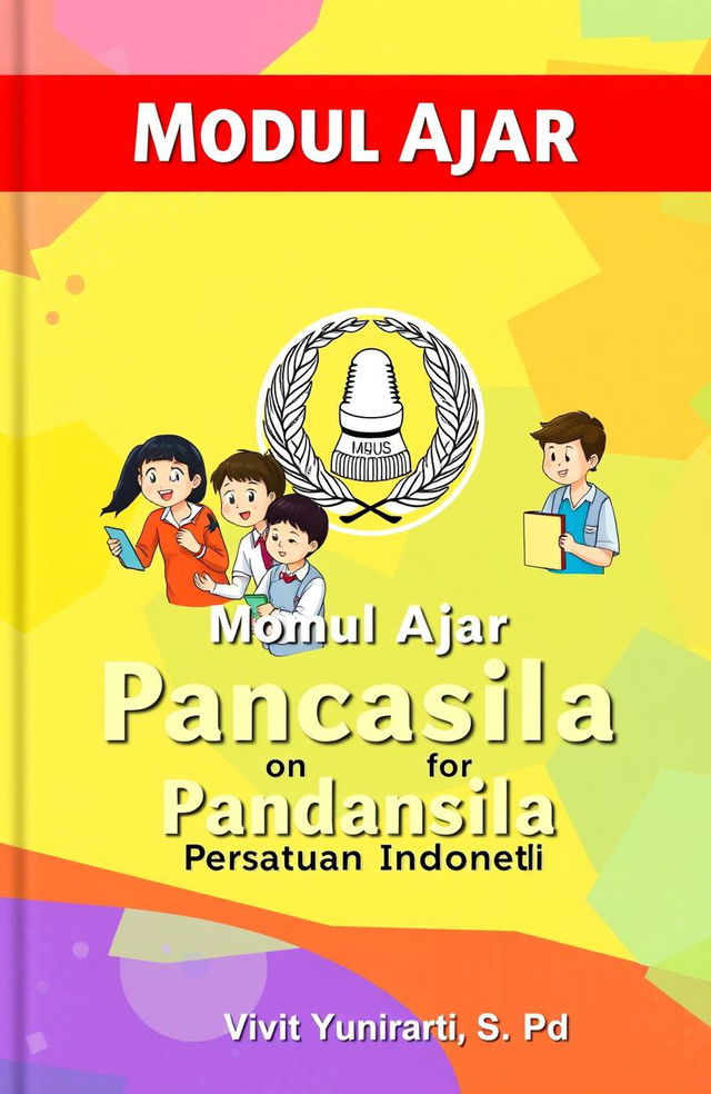 A vibrant and colorful portrait-format cover for a learning module on Pancasila education for elementary school (SD)