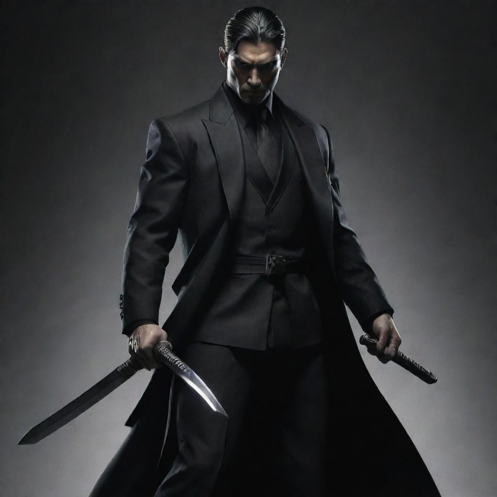 A heroic figure dressed in sleek mafia attire, wielding two sharp samurai swords. His determined gaze and dynamic stance give off a sense of silent power and authority.