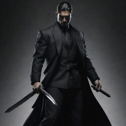 A heroic figure dressed in sleek mafia attire, wielding two sharp samurai swords. His determined gaze and dynamic stance give off a sense of silent power and authority.