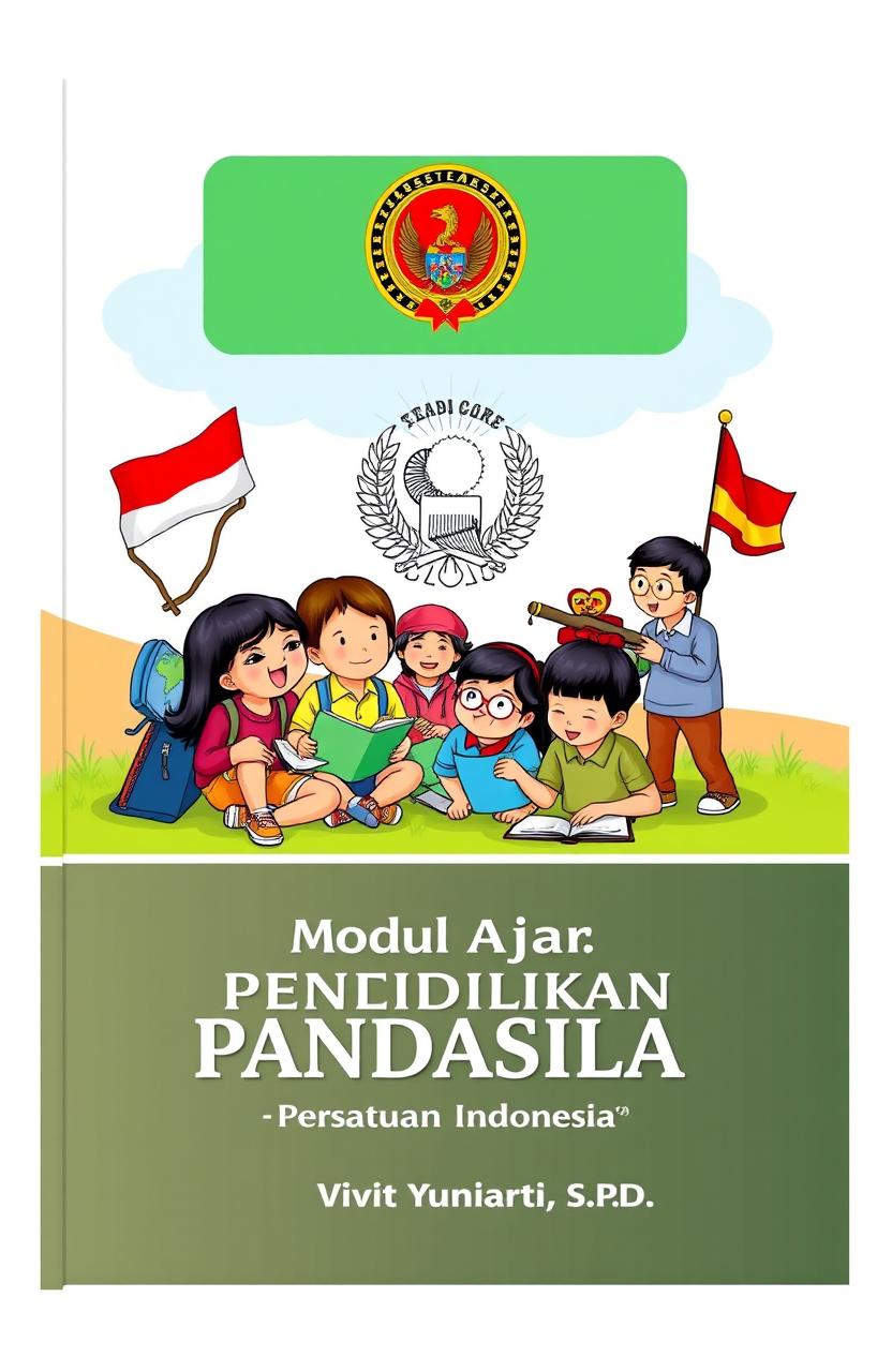 A vibrant and colorful portrait-format cover for a learning module on Pancasila education for elementary school (SD)