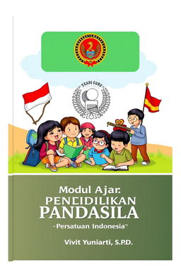 A vibrant and colorful portrait-format cover for a learning module on Pancasila education for elementary school (SD)