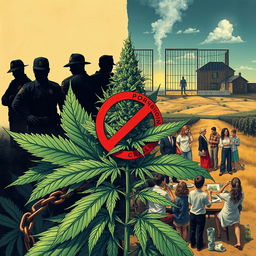A striking political illustration that captures the themes of cannabis and prohibition