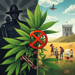 A striking political illustration that captures the themes of cannabis and prohibition