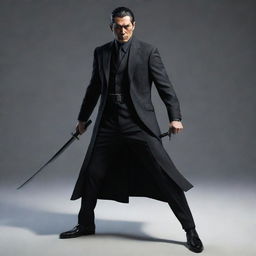 A heroic figure dressed in sleek mafia attire, wielding two sharp samurai swords. His determined gaze and dynamic stance give off a sense of silent power and authority.