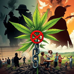 A striking political illustration that captures the themes of cannabis and prohibition