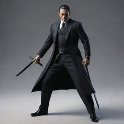 A heroic figure dressed in sleek mafia attire, wielding two sharp samurai swords. His determined gaze and dynamic stance give off a sense of silent power and authority.