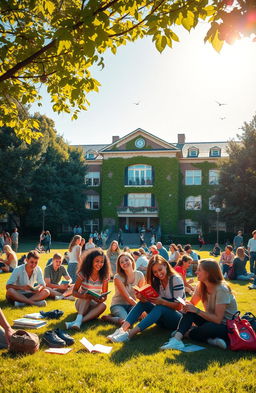 A nostalgic scene depicting a vibrant school environment filled with young adults engaging in various activities
