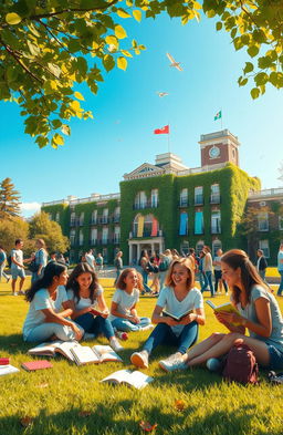 A nostalgic scene depicting a vibrant school environment filled with young adults engaging in various activities