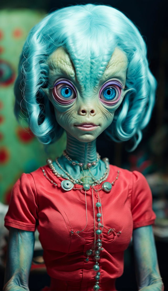 Ultra-detailed image of a cyan-skinned alien with symmetrical features and purple irises, wearing a red 1950s dress and a detailed bubblegum-pink housewife style wig, captured using a Canon EOS 5DS and an 85mm f/1.2 lens.