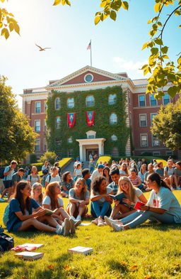 A nostalgic scene depicting a vibrant school environment filled with young adults engaging in various activities