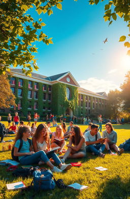 A nostalgic scene depicting a vibrant school environment filled with young adults engaging in various activities