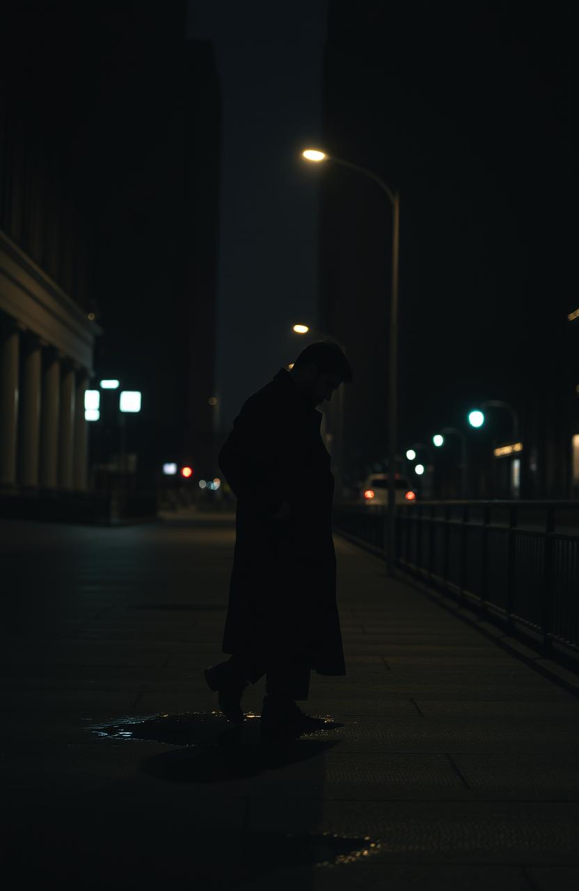 A solitary figure walking down a dimly lit urban street at night, the soft glow of streetlights illuminating their path