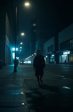 A solitary figure walking down a dimly lit urban street at night, the soft glow of streetlights illuminating their path