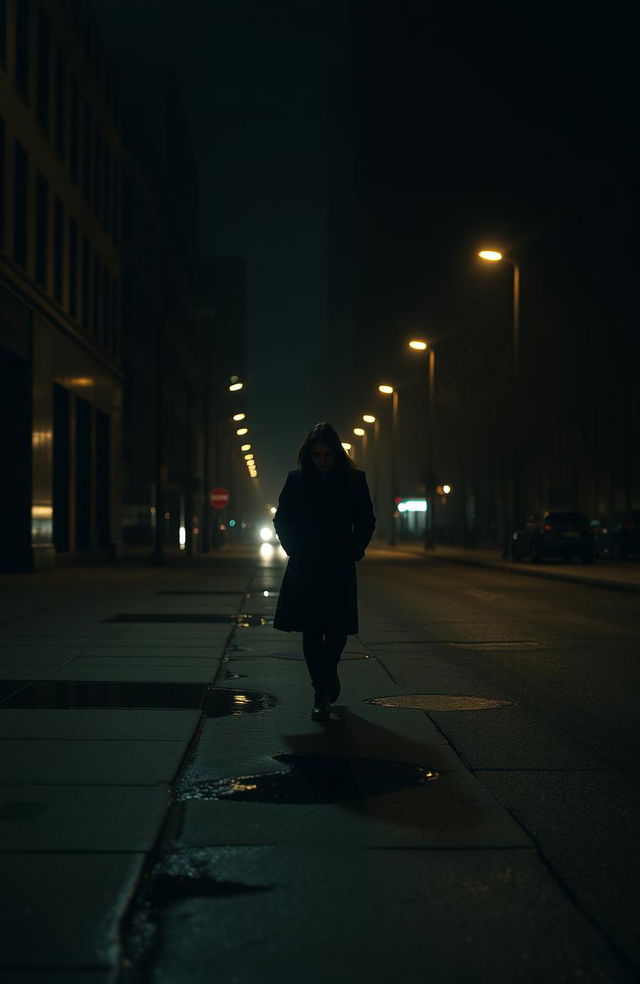 A solitary figure walking down a dimly lit urban street at night, the soft glow of streetlights illuminating their path