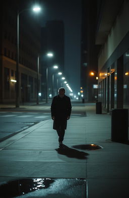 A solitary figure walking down a dimly lit urban street at night, the soft glow of streetlights illuminating their path