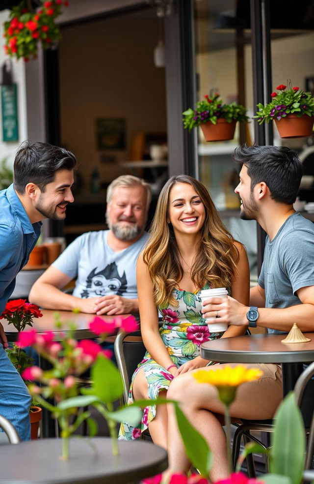 A scene depicting two men and one woman in a lively outdoor café setting