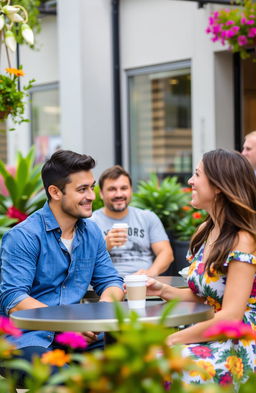 A scene depicting two men and one woman in a lively outdoor café setting