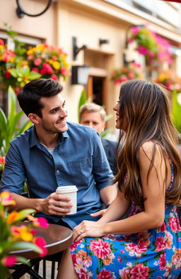 A scene depicting two men and one woman in a lively outdoor café setting